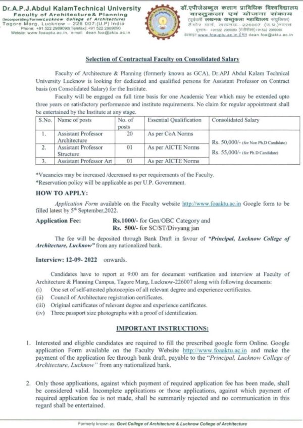 Vacancy for Assistant Professor (Architecture) and Assistant Professor