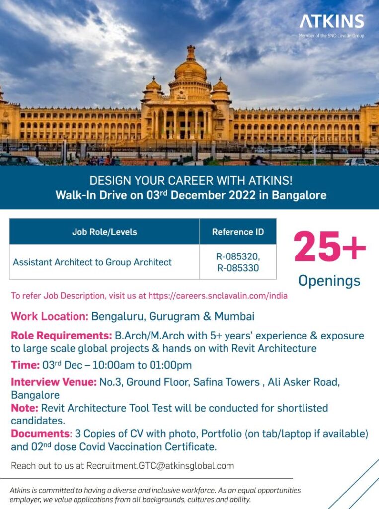 Vacancy for Architects at ATKINS | Bengaluru, Gurugram & Mumbai | (Walk-In-Interview: 03 Dec. 2022)