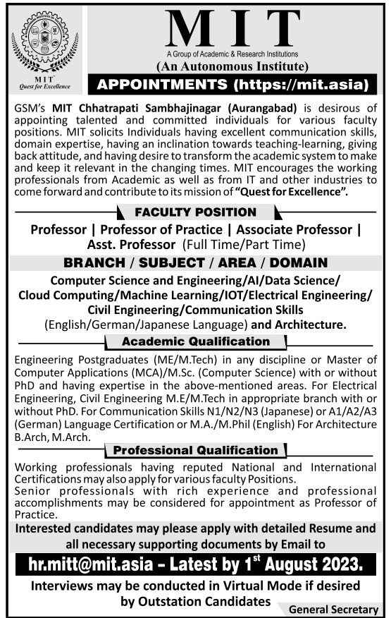 Vacancy for Faculty Positions at MIT Polytechnic | Aurangabad, Maharashtra | (Last Date: 01 August 2023)