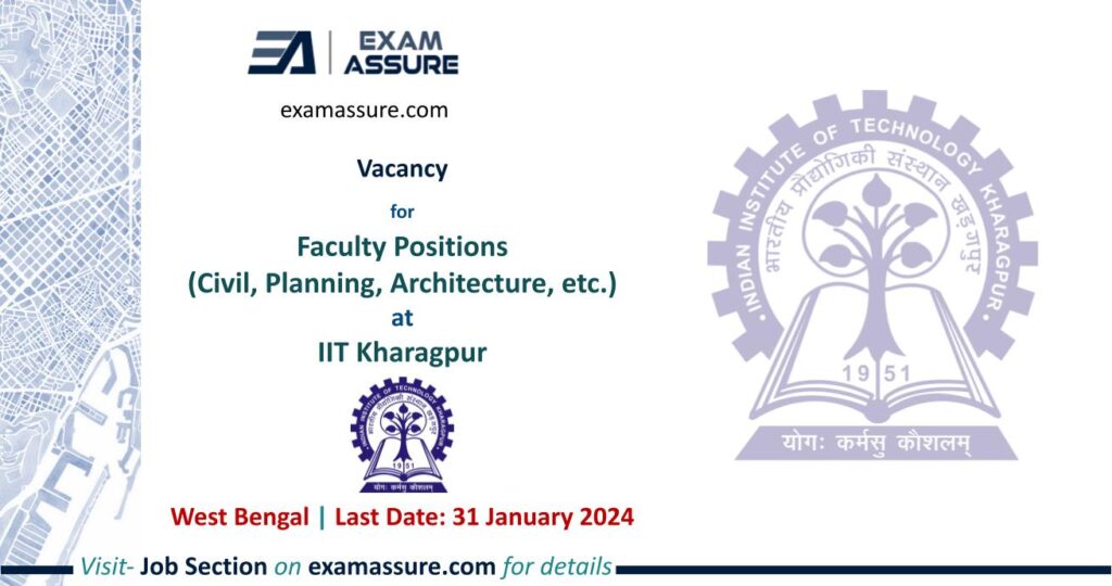 Vacancy for Faculty Positions (Civil, Planning, Architecture, etc.) at IIT Kharagpur | West Bengal (Last Date: 31 January 2024)