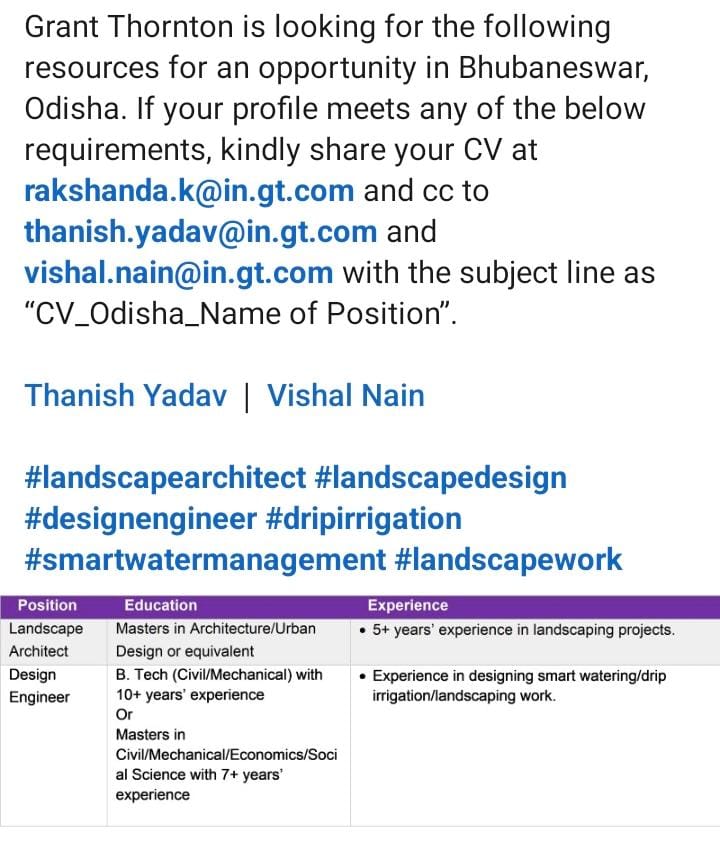 Vacancy for Architect & Engineer at Grant Thornton Bharat | Odisha (Exp.: 05-10 Years)