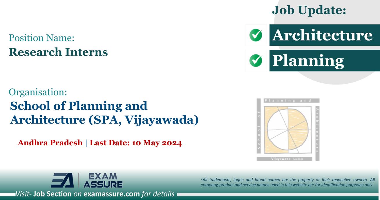 Vacancy for Research Interns at School of Planning and Architecture (SPA, Vijayawada) | Andhra Pradesh (Last Date: 10 May 2024)