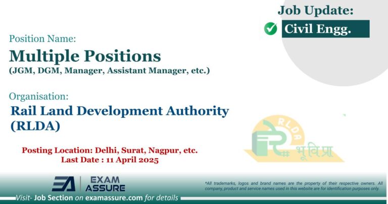 Vacancy for Multiple Positions (JGM, DGM, Manager, Assistant Manager, etc.) at Rail Land Development Authority (RLDA) | Posting Location: Delhi, Surat, Nagpur, etc. (Last Date : 11 April 2025) - Civil Engineering Job