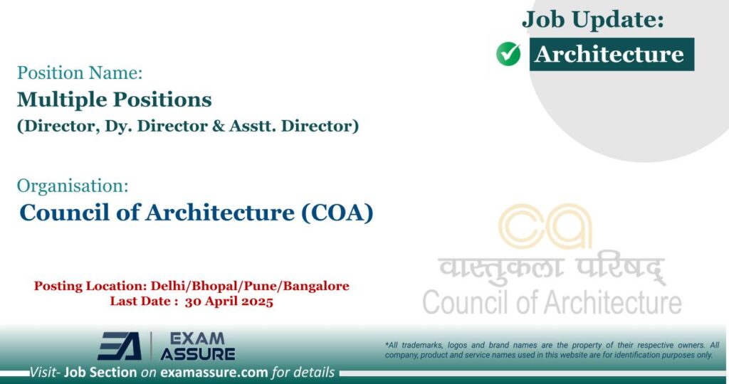Vacancy for Multiple Positions (Director, Dy. Director & Assistant Director) at Council of Architecture (COA) | Posting Location: Delhi/Bhopal/Pune/Bangalore (Last Date : 30 April 2025)