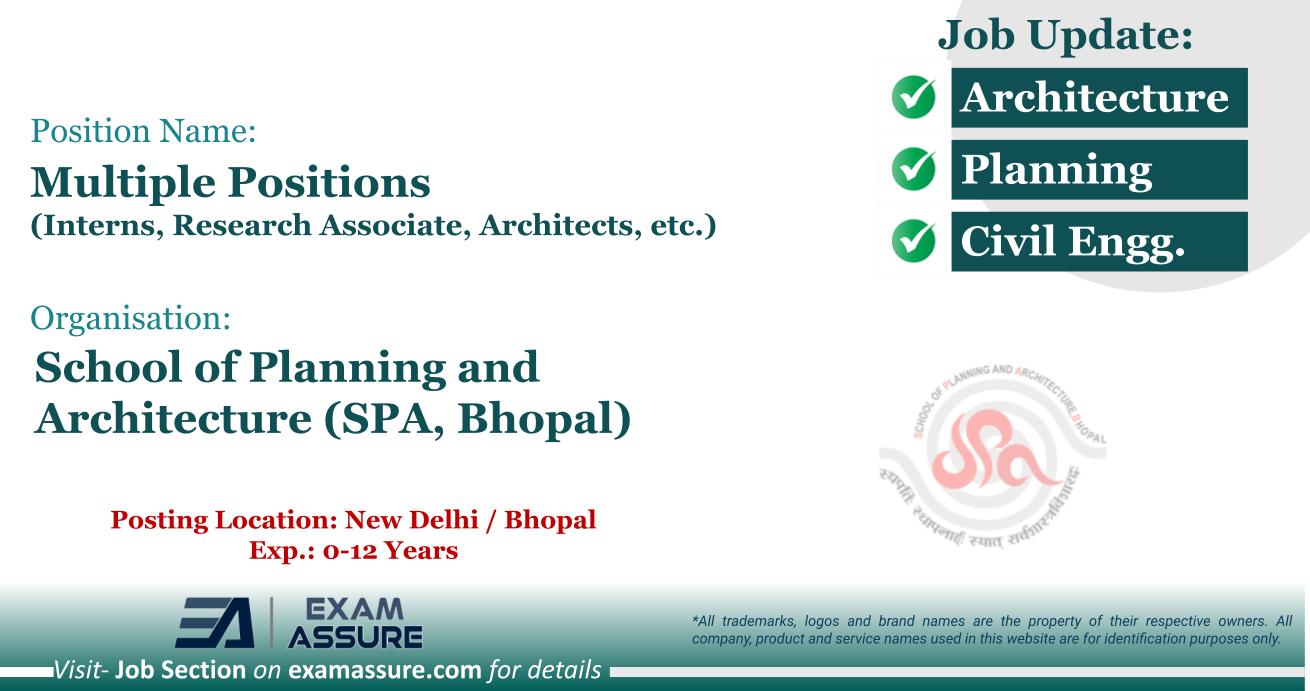 Vacancy for Multiple Positions (Interns, Research Associate, Architects, etc.) at School of Planning and Architecture (SPA, Bhopal) | Posting Location: New Delhi / Bhopal (Exp.: 0-12 Years)