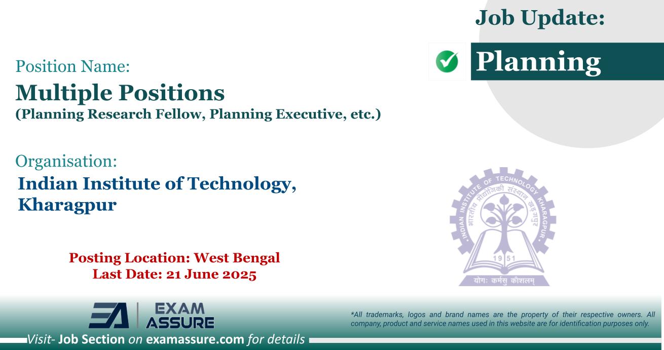 Vacancy for Multiple Positions (Planning Research Fellow, Planning Executive, etc.) at Indian Institute of Technology, Kharagpur | Posting Location: West Bengal (Last Date: 21 June 2025)