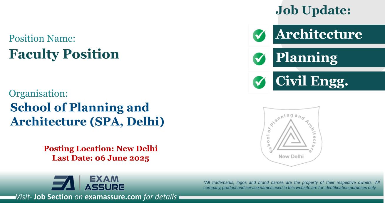 Vacancy for Faculty Position at School of Planning and Architecture (SPA, Delhi) | Posting Location: New Delhi (Last Date: 06 June 2025)