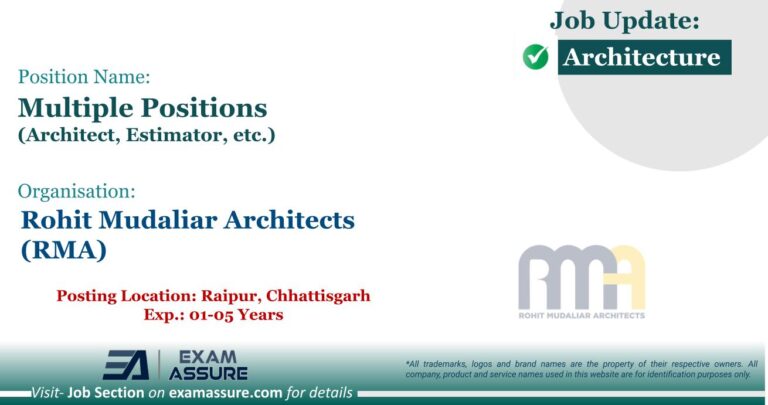 Vacancy for Multiple Positions (Architect, Estimator, etc.) at Rohit Mudaliar Architects (RMA)| Posting Location: Raipur, Chhattisgarh (Exp.: 01-05 Years)
