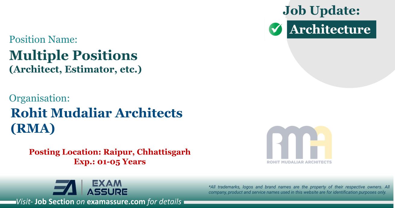 Vacancy for Multiple Positions (Architect, Estimator, etc.) at Rohit Mudaliar Architects (RMA)| Posting Location: Raipur, Chhattisgarh (Exp.: 01-05 Years)