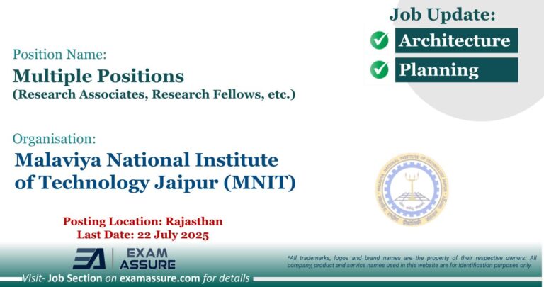 Vacancy for Multiple Positions (Research Associates, Research Fellows, etc.) at Malaviya National Institute of Technology Jaipur (MNIT) | Posting Location: Rajasthan (Last Date: 22 July 2025)