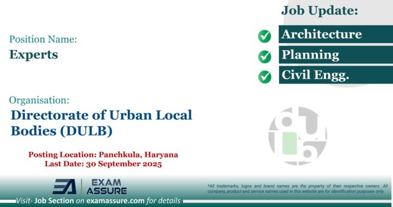 Vacancy for Experts at Directorate of Urban Local Bodies (DULB) | Posting Location: Panchkula, Haryana (Last Date: 30 September 2025)