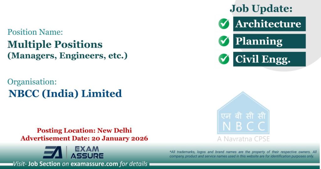 Vacancy for Multiple Positions (Managers, Engineers, etc.) at NBCC (India) Limited | Posting Location: New Delhi (Advertisement Date: 20 January 2026)