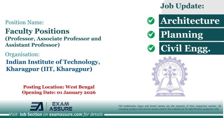 Vacancy for Faculty Positions (Professor, Associate Professor and Assistant Professor) at Indian Institute of Technology, Kharagpur (IIT, Kharagpur) | Posting Location: West Bengal (Opening Date: 01 January 2026)